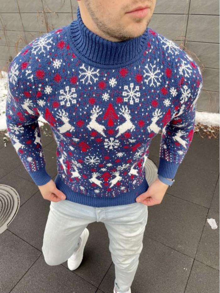 Christmas Knitwear- With drawn deer-Blue