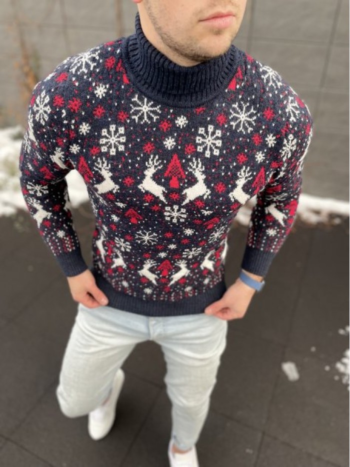 Christmas Knitwear- With Drawn Deer-Dark Blue