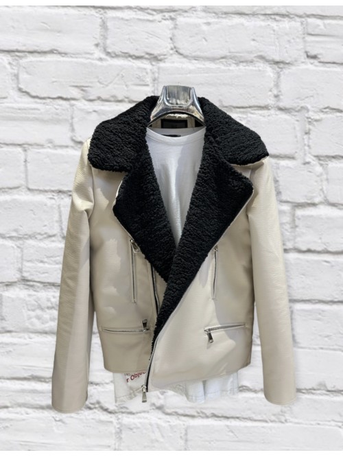 White Leather Jacket With Black Fur