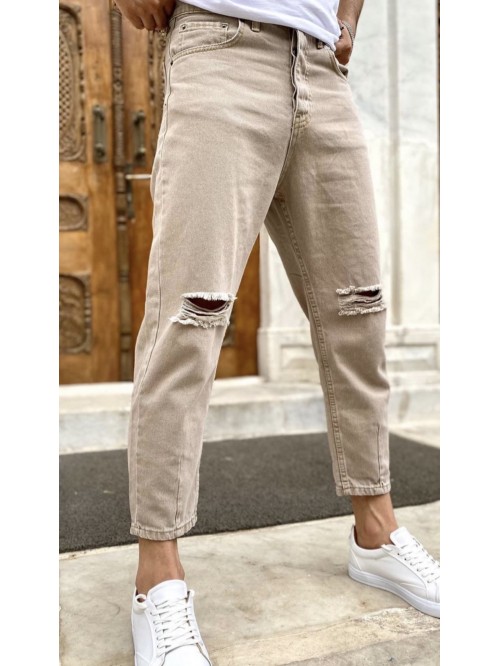 Boyfriend  Jean With Tearing - Beige