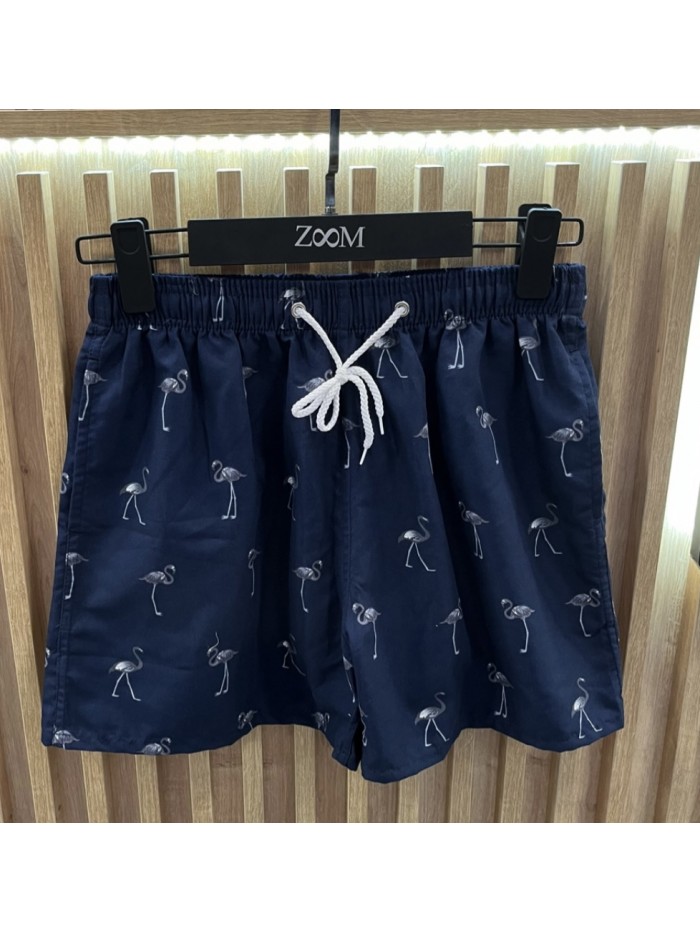 Swim Trunk with Flamingo-  Navy Blue