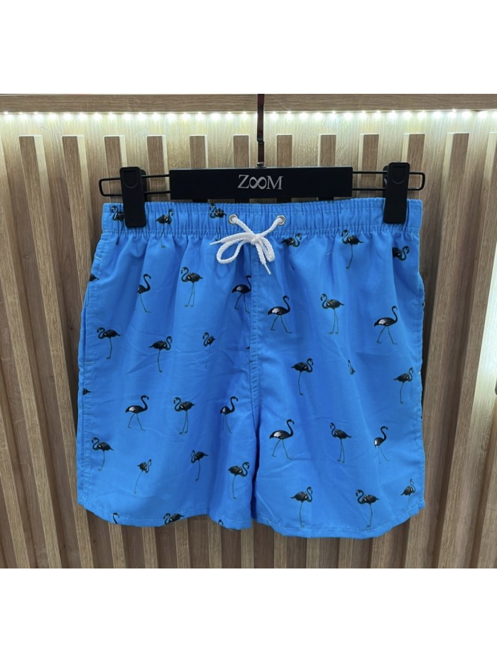 Swim Trunk with Flamingo- Light Blue